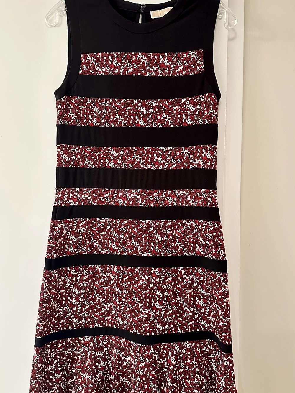 Michael Kors Black and Burgundy Floral-Print Stripe Midi Dress